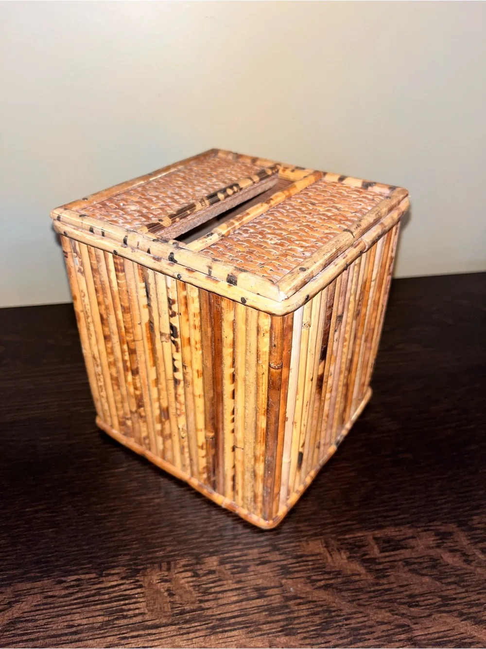 Vintage MCM Rattan Pencil Bamboo Tissue Box Cover Boho